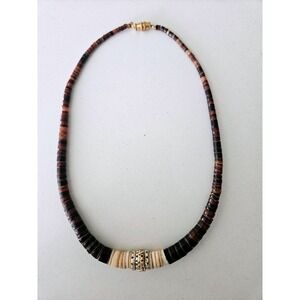 Genuine Puka Shell Heishi Choker Necklace Gold Tone Accent Boho Beach Jewelry